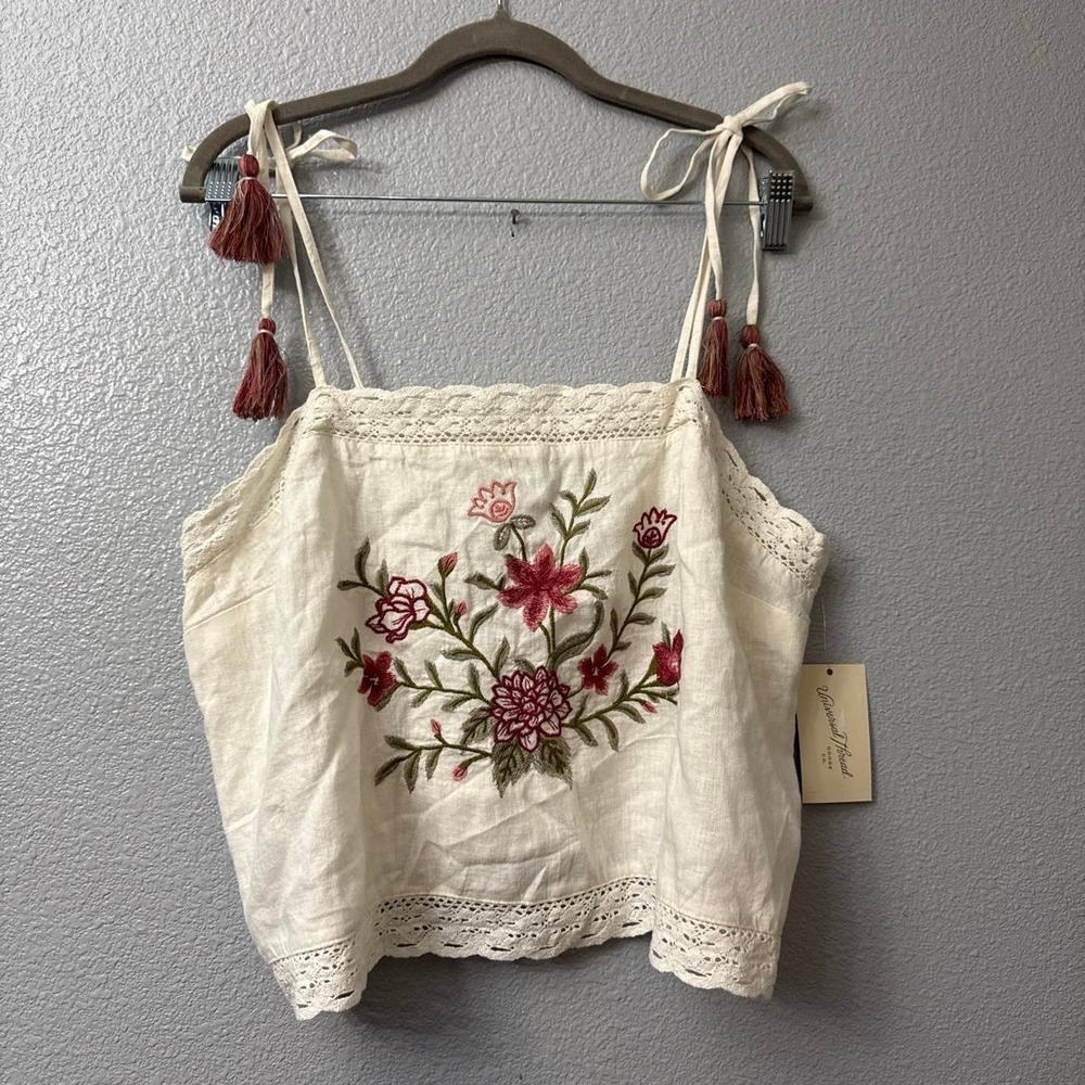 Universal Thread Women's Linen Blend Cropped Top with Embroidered Floral Design
